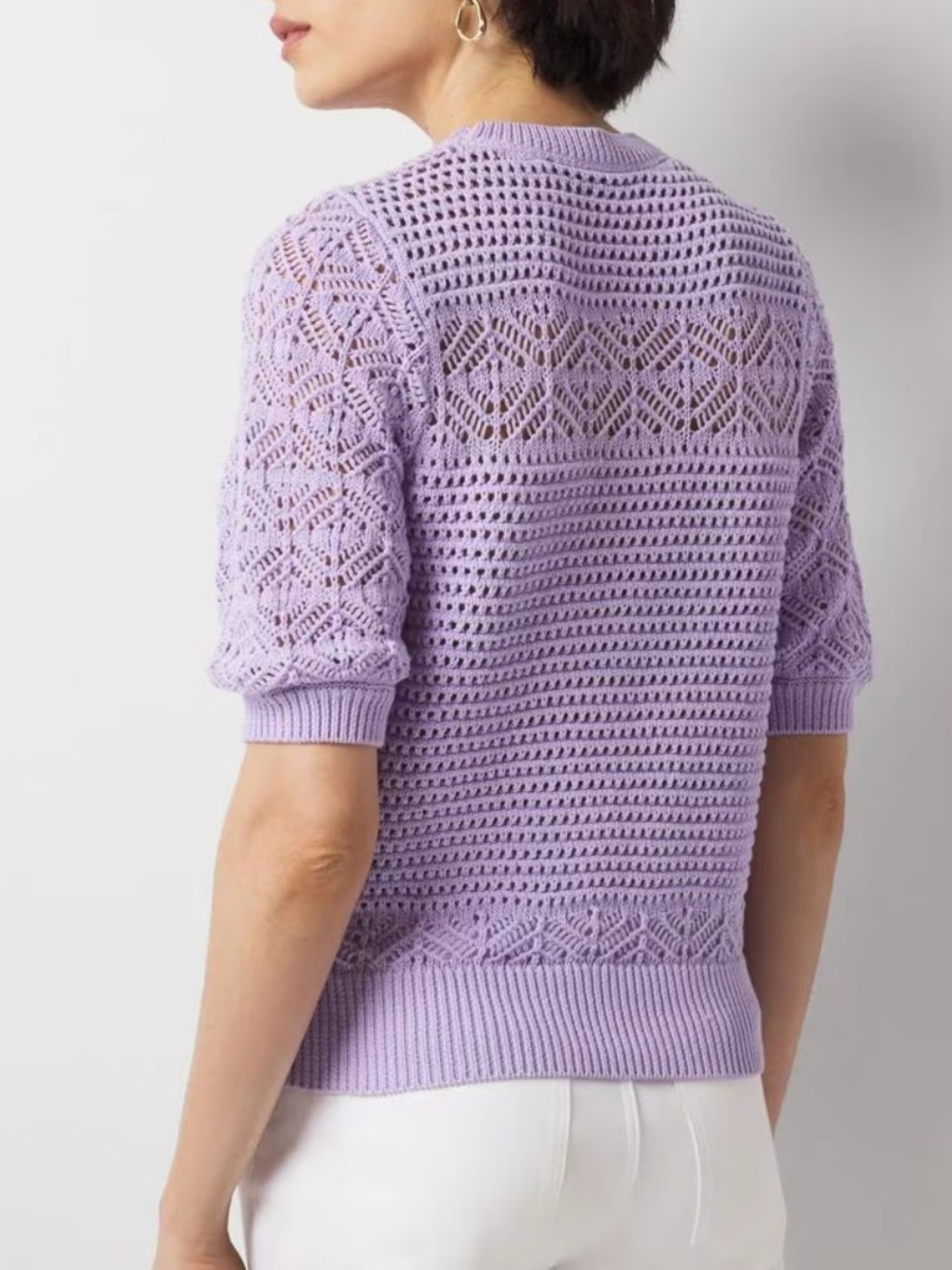 White House Black Market Lilac Puff Sleeve Pointelle Open Knit Sweater - Picture 3 of 9